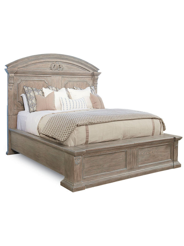 A.R.T. Furniture Arch Salvage Chambers Panel Bed With Cedar-lined Storage, Carved Details, And Elegant Parch Finish Brown, Gray Elm And Parrawood Solids,Cathedral Elm Veneers 233155-2802
