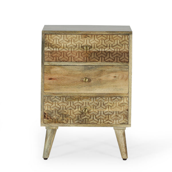 English Elm Christopher Knight Home® - 3 Mango Wood 3-Drawer Bedside Nightstand with Carved Geometric Texture, Boho Handcrafted Accent 71753.00