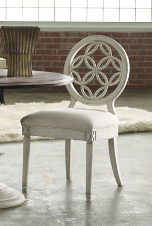 Hooker Furniture Melange Brynlee Side Chair — Creamy White Distressed Transitional Dining Chair With Fretwork Back, Padded Linen Seat 638-75006