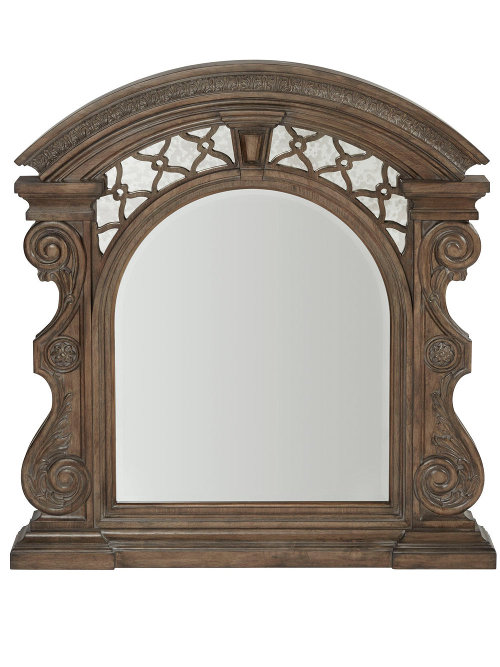 A.R.T. Furniture Vintage Bentley Curved Mirror - Ornately Carved Pediment, Walnut Finish, Elegant Dresser Accent Piece Brown, Brown Material, Parawood Solids 231124-2812