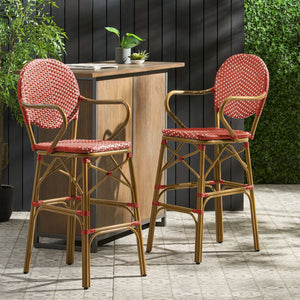 English Elm Outdoor Bistro Wicker Barstools Set of 2 Rust Resistant Aluminum Patio Bar Seating 72605.00RD