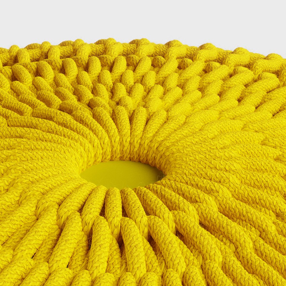 English Elm Sonata Round Knitted Outdoor Indoor Pouf in Yellow – Handcrafted Recycled PET, Water & UV Resistant, Durable Accent Seat (20" x 20" x 14") B136P159016