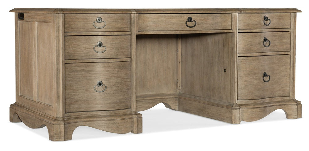 Hooker Furniture Corsica Executive Desk With Acacia Veneers, Scallop-Carved Base, 7-Drawer File Storage, Burnished Bronze Pulls Light Brown 5180-10562