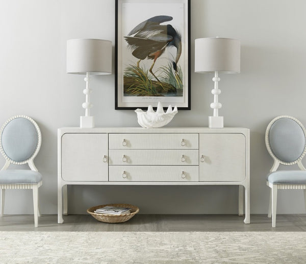 Hooker Furniture Serenity Sand Dollar Shore Server With Raffia Grasscloth Finish, Soft-Close Storage & Champagne Pulls 6350-75907-03