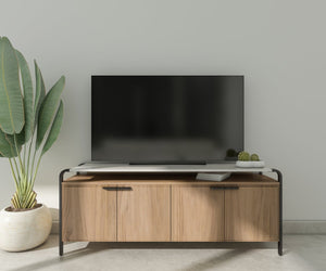 A.R.T. Furniture Portico Contemporary Entertainment Console With Adjustable Shelves & Soft-close Doors In Two Tones Brown, White Parawood Solids,Mindi Veneers,Resin,Steel 323423-3351