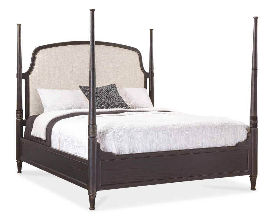 Hooker Furniture Americana King Upholstered Poster Bed With Creamy Headboard, Molasses Oak Finish, Carved Posts & Versatility 7050-90666-89