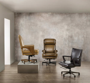 Hooker Furniture Rochelle Executive Swivel Tilt Chair With Two-Tone Aniline Leather, Hair-On-Hide Accent, Nailhead Trim Brown EC845-080