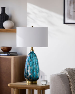 Surya Hexham Arts and Crafts Table Lamp Hand-painted Glass Body with Iron Base Linen Shade HXM-001