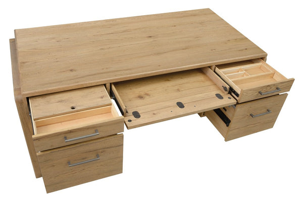 Hooker Furniture Kalamazoo Executive Desk With Aged Oak Veneer, Vintage-Industrial Design, Ample Storage & Keyboard Tray 6062-10462-80