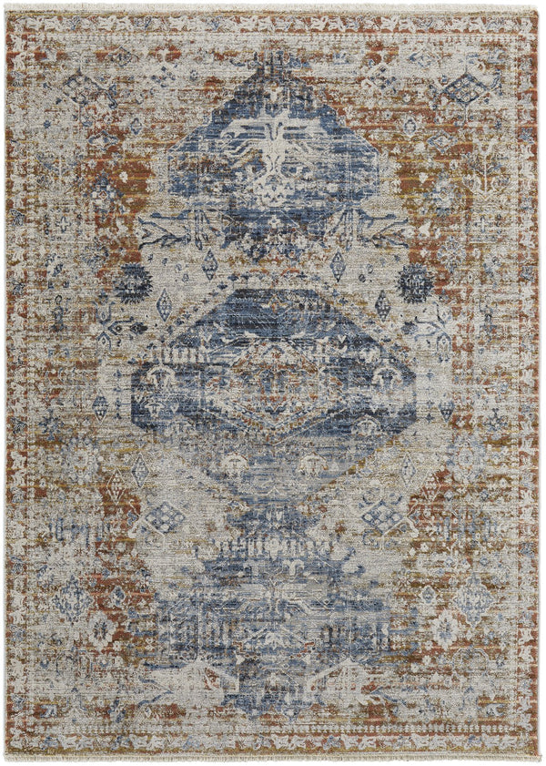 Feizy Rugs Kaia Luxurious Low Pile Medallion Area Rug - Soft, Durable, And Fade-resistant For High Traffic Areas Ivory,Orange,Blue Polypropylene,Viscose,Polyester Kai39hwfbluredj00