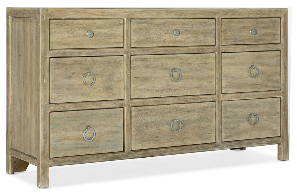 Hooker Furniture Surfrider Coastal Nine-Drawer Dresser In Driftwood Pecan Veneer With Cedar-Lined Drawers & Felt Trays 6015-90202-80