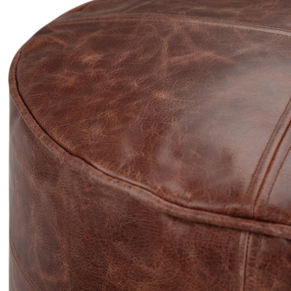 English Elm Connor Round Pouf - Handcrafted Distressed Buffalo Leather Accent For Stylish Seating & Decor B136P159337
