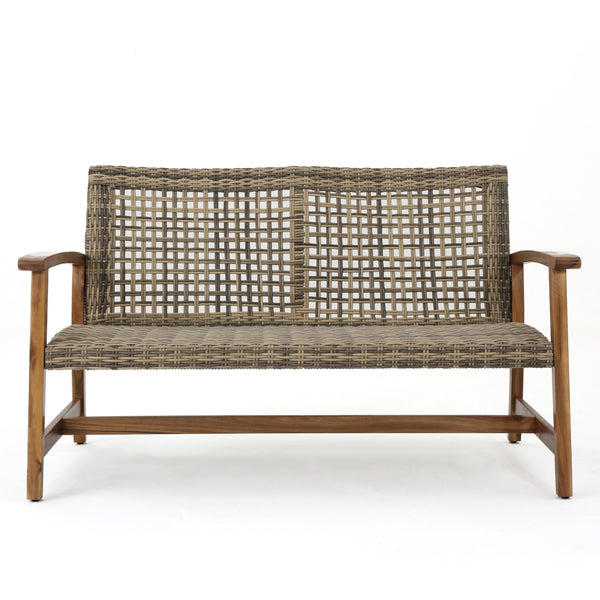 English Elm Christopher Knight Home® - HAMPTON Acacia Wood & Wicker Loveseat Natural Grey with Iron Frame, Weather-Resistant, Sturdy Design 60396.00WTC