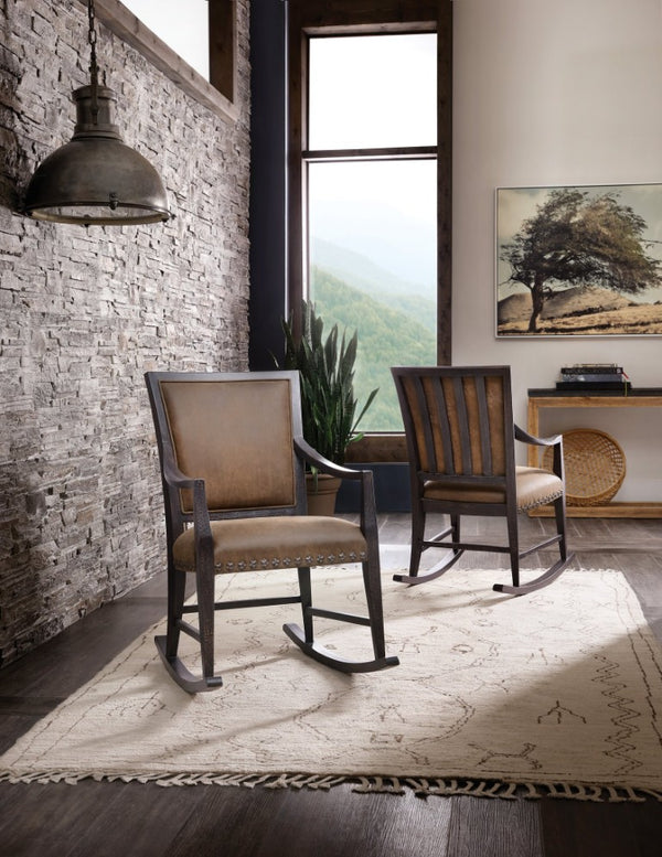 Hooker Furniture Big Sky Rocking Chair — Charred Timber Leather Rocker With Nailhead Trim, Distressed Rustic Charm 6700-50009-98