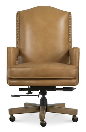 Hooker Furniture Rochelle Executive Swivel Tilt Chair With Two-Tone Aniline Leather, Hair-On-Hide Accent, Nailhead Trim Brown EC845-080