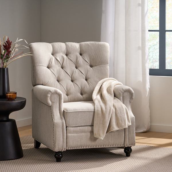 English Elm Christopher Knight Home® - Button Button Tufted Heavy Duty Manual Push-Back Recliner Chair with Nailhead Accents and Comfort Backrest Beige 71976.00