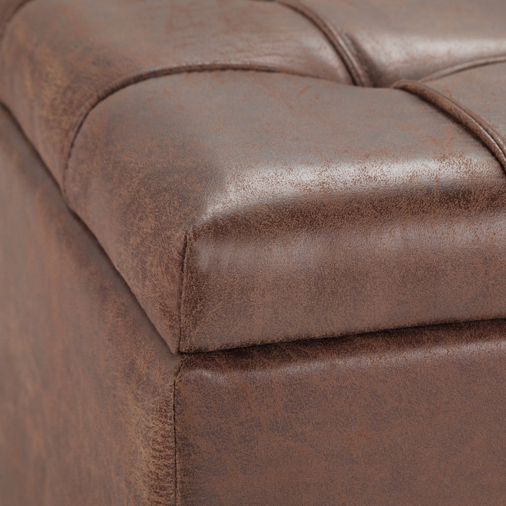 English Elm Harrison Coffee Table Storage Ottoman - Distressed Umber Vegan Leather With Hidden Storage & Seating B136P159147