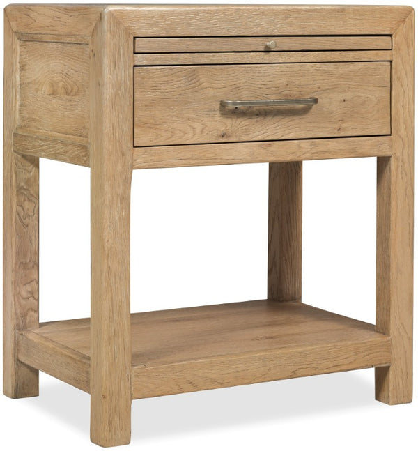 Hooker Furniture Driftwood Nightstand With Self-Closing Drawer, Pull-Out Shelf, Cord Clip & Open Display Shelf - Cozy Oak Finish Light Wood 6820-90316-80