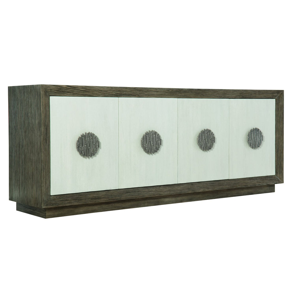 Bernhardt Bernhardt Luca Two-Tone Pine Entertainment Credenza With Art Deco Lines, Metal Accents & Cable Management 386870