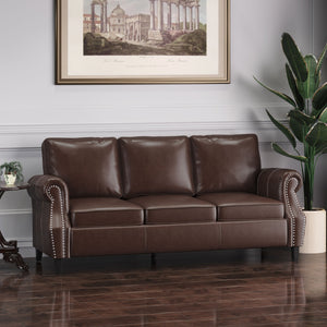 English Elm 3 Seater Pu Leather Sofa with Nailhead Trim Tapered Birch Legs for Modern Living 71405.00PUDBRN