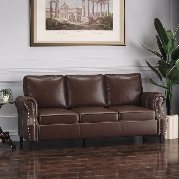 English Elm 3 Seater Pu Leather Sofa with Nailhead Trim Tapered Birch Legs for Modern Living 71405.00PUDBRN