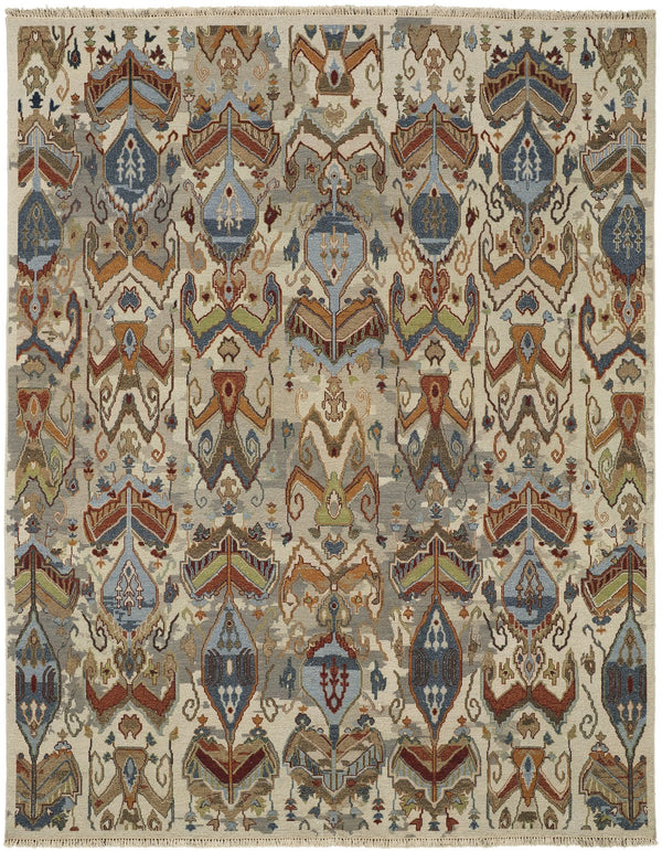 Feizy Rugs Leylan Hand Knotted Wool Ikat Rug - Stunning Tribal Design With Vibrant Motifs For Any Space Tan,Ivory,Orange Wool Ley0563fivymlth50