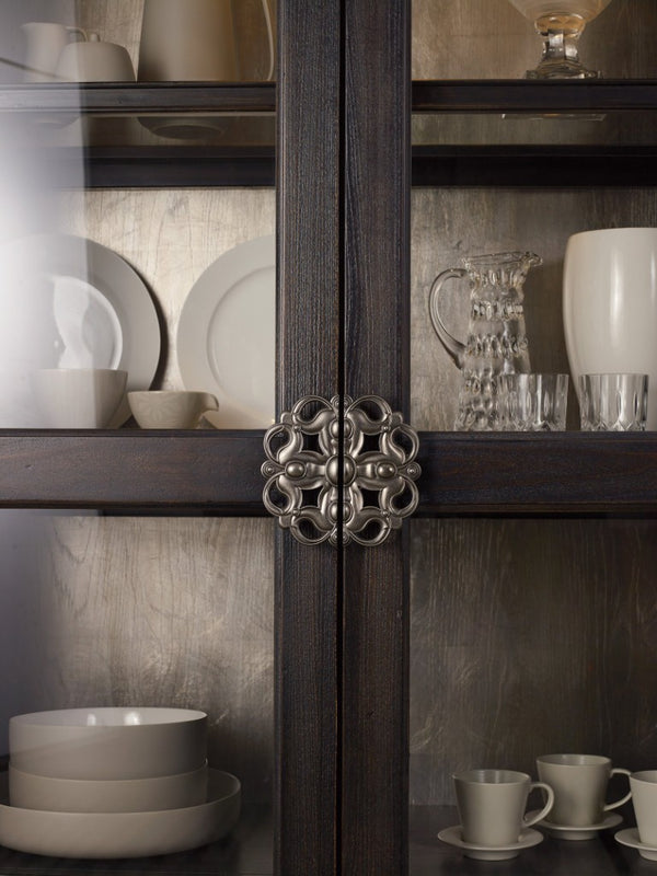 Hooker Furniture Sanctuary Ebony Antiqued Oak Curio Cabinet With Silver Journey Back, Touch Lighting, Adjustable Shelves 3031-50001