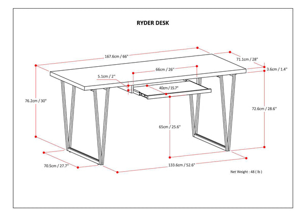 English Elm Ryder Solid Wood Desk - Natural Aged Brown Finish, Large Top & Keyboard Tray, Industrial V-Base B136P159524