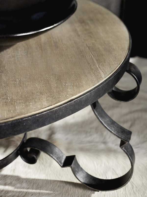 Bernhardt Bernhardt Criollo Round Cocktail Table With Hand-Distressed Wood Top & Scrollwork Steel Base, Rustic Elegance 302015