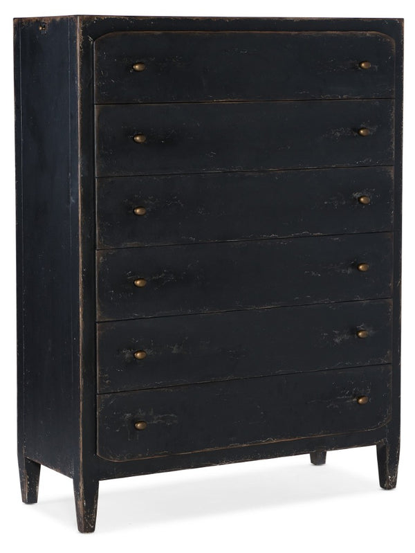 Hooker Furniture Ciao Ciao Bella Six-Drawer Chest Black — Distressed Farmhouse Dresser With Cedar Lined Drawer & Rods 5805-90010-99