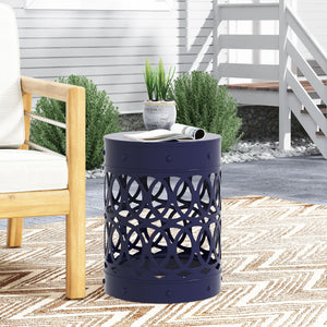 English Elm Outdoor Powder-coated Iron End Table with Geometric Cutout Design for Patio Lounging Navy Blue 73607.00NBLU