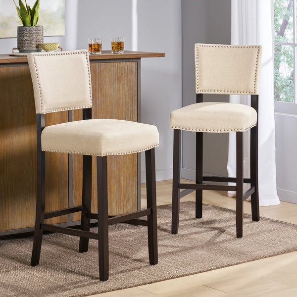 English Elm Christopher Knight Home® - Barstools Beige set of 2 with Rivet Accent, Upholstered Fabric Cushion, Durable Wood Frame, Versatile 56695.00