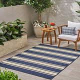 Christopher Knight Home® - Noble House - Cabana Outdoor 5'3" X 7' Stripe Area Rug, Navy and Ivory