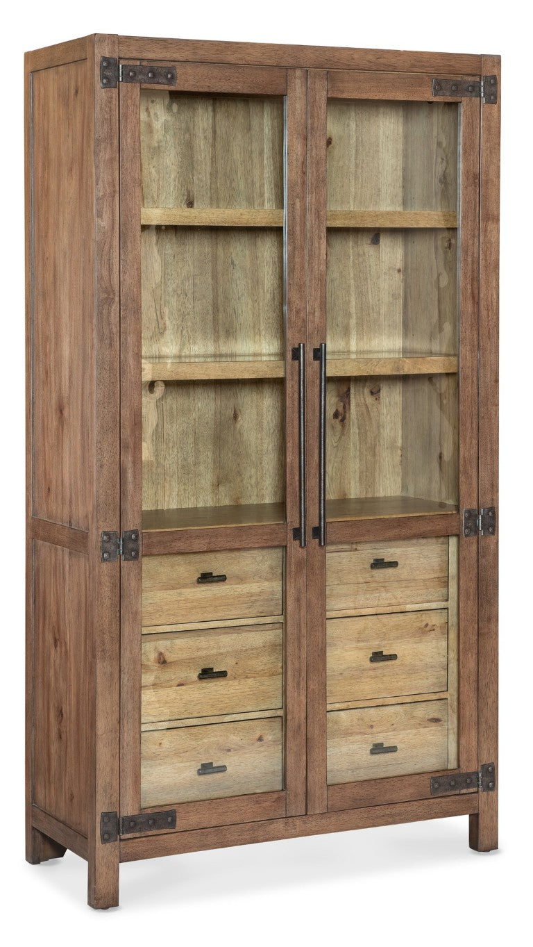 Hooker Furniture Vineyard Pecky Hickory Display Cabinet With Seeded Glass, Two-Tone Finish, Soft-Close Drawers & Lighting 6952-75906-85