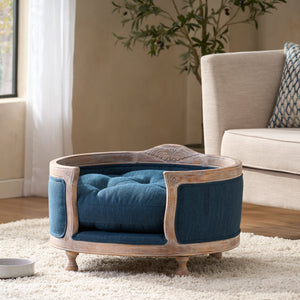 English Elm Pet Bed with Tufted Cushion Solid Birch Turned Legs Upholstered Living Room Sofa Style Navy Blue 72913.00NBLU