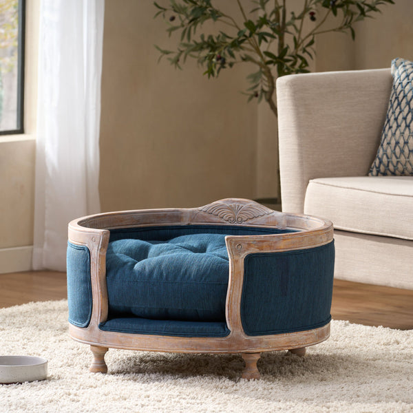 English Elm Pet Bed with Tufted Cushion Solid Birch Turned Legs Upholstered Living Room Sofa Style Navy Blue 72913.00NBLU