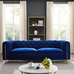 English Elm Steve Silver - Charlene Velvet Button Tufted Sofa with Chesterfield Rolled Arms, Brass Accents, Plush Foam Seating Blue B081P157407