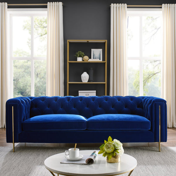 English Elm Steve Silver - Charlene Velvet Button Tufted Sofa with Chesterfield Rolled Arms, Brass Accents, Plush Foam Seating Blue B081P157407