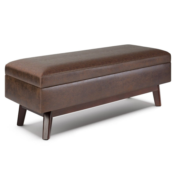 English Elm Owen Rectangular Storage Ottoman - Mid-Century Design In Distressed Chestnut Brown Faux Leather B136P159182-GIGA