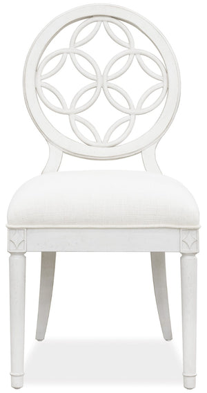 Hooker Furniture Melange Brynlee Side Chair — Creamy White Distressed Transitional Dining Chair With Fretwork Back, Padded Linen Seat 638-75006