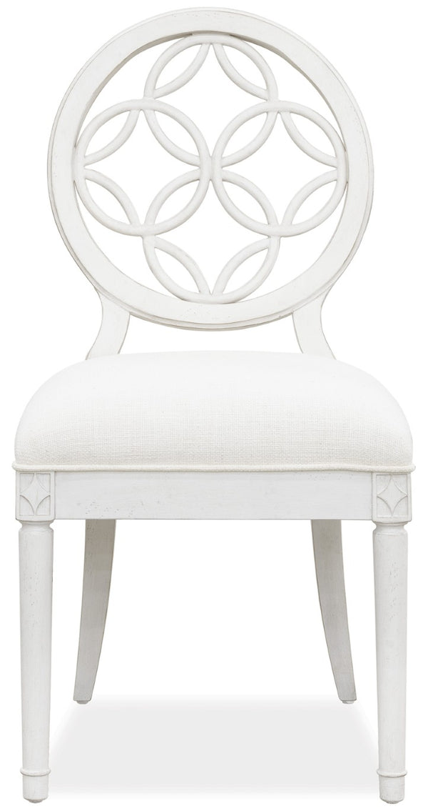 Hooker Furniture Melange Brynlee Side Chair — Creamy White Distressed Transitional Dining Chair With Fretwork Back, Padded Linen Seat 638-75006