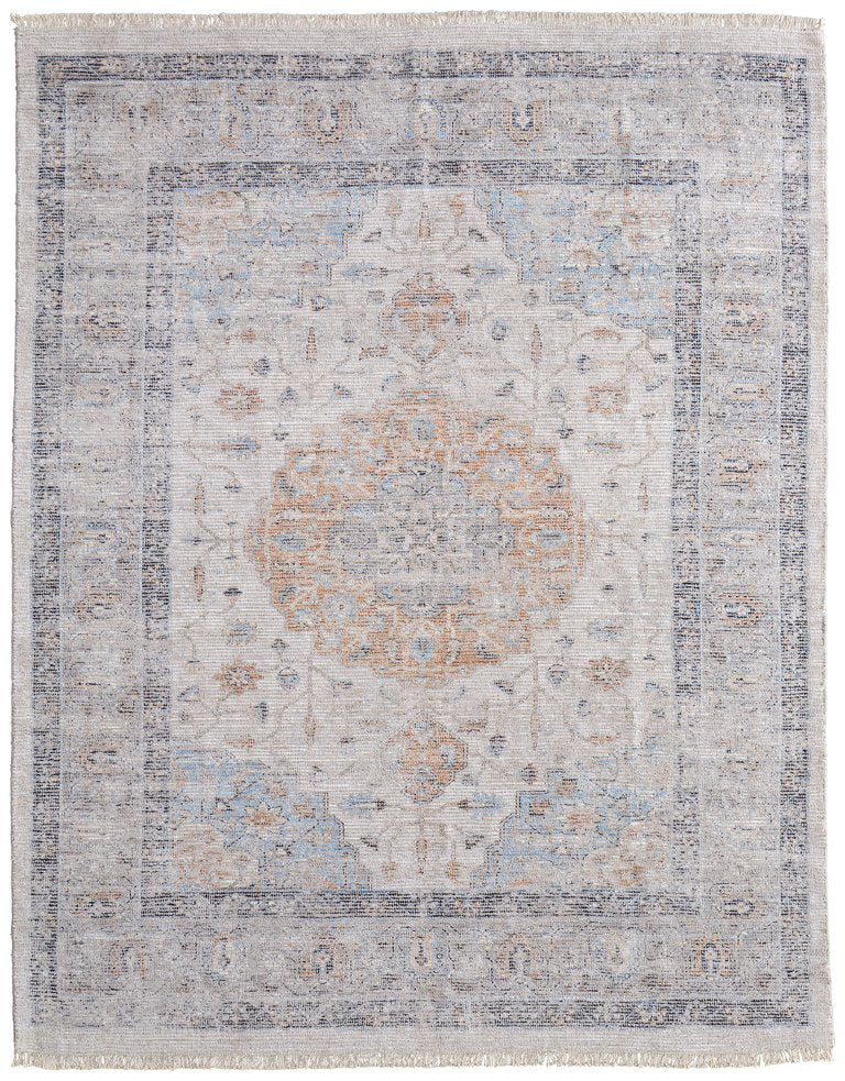 Feizy Rugs Caldwell Handwoven Wool And Viscose Area Rug - Elegant Medallion Design For Stylish Home Decor Ivory,Blue,Orange Wool,Viscose 8798980fivybluc50