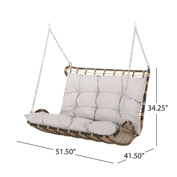 English Elm Christopher Knight Home® - ARRUDA Wicker Porch Swing with Water-Resistant Cushions, Iron Frame, Boho Outdoor Hanging Seat, 800 lb Capacity Brown+Beige 70653.00BGE