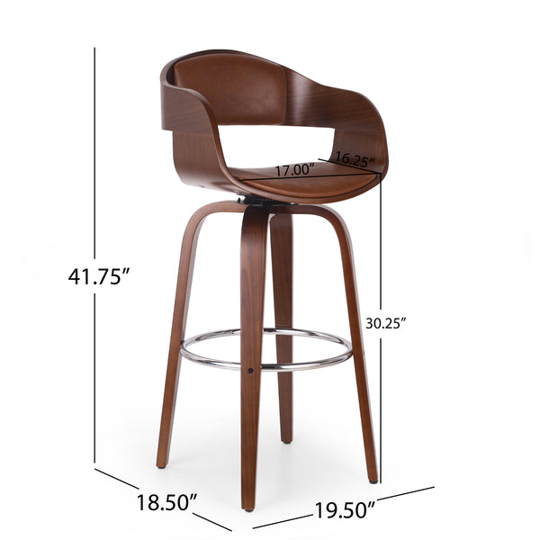 English Elm Christopher Knight Home® - BAR STOOL Mid-Century Modern Faux Leather Swivel with Walnut Veneer Frame and Chrome Footrest Brown 67494.00PUCOGN