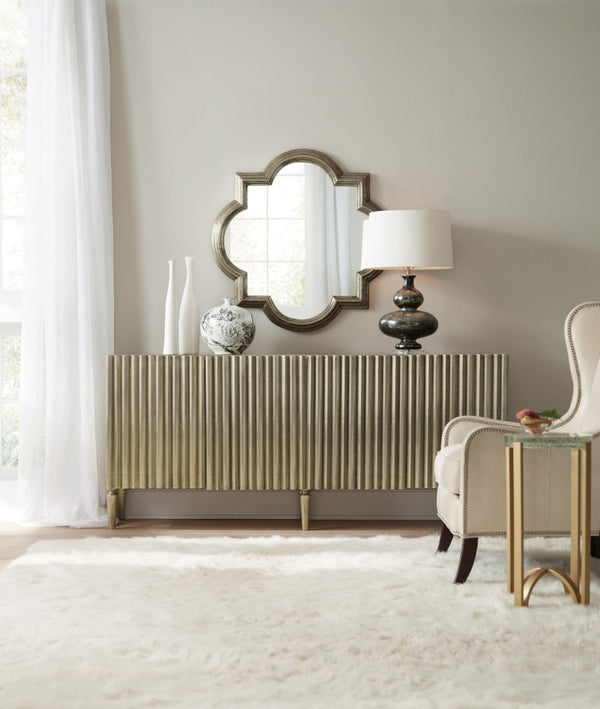 Hooker Furniture German Silver Console Credenza With Mango Wood, Textured Panels, Soft-Close Doors & Ventilated Back - Elegant Storage Solution 5637-85001-SLV