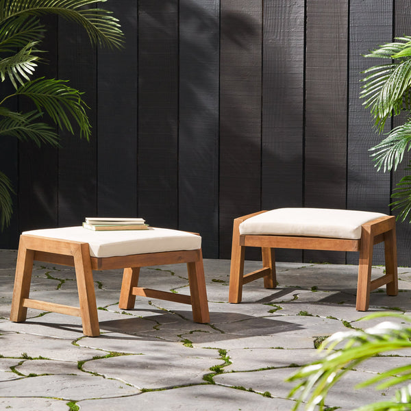 English Elm Christopher Knight Home® - Temecula Acacia Wood Outdoor Ottomans Set of 2 with Cushions — Weather-Resistant, Versatile Footrests Beige+Brown 66468.00CRM