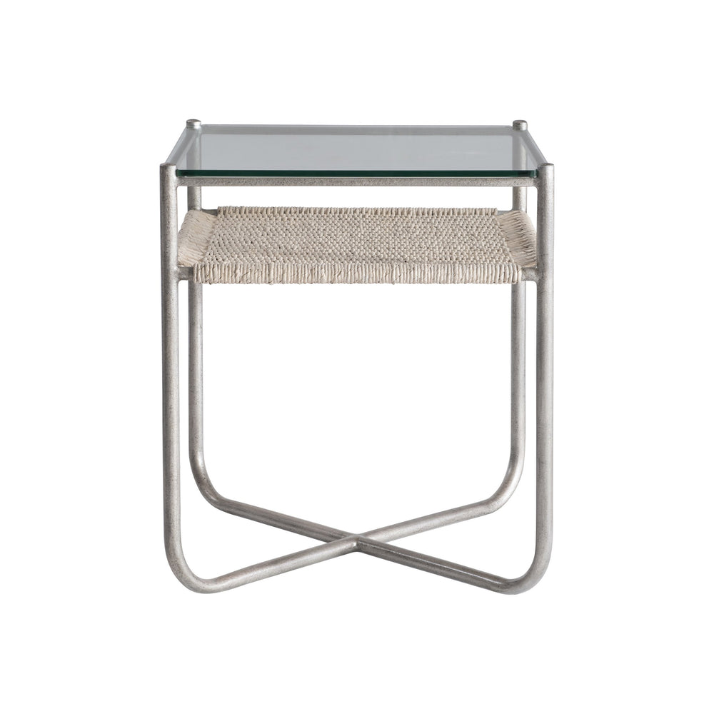Bernhardt Bernhardt Kendo Side Table With Tempered Glass Top, Woven Abaca Shelf & Graphite Steel Frame, 22" Wide 328121
