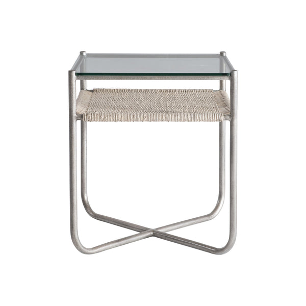 Bernhardt Bernhardt Kendo Side Table With Tempered Glass Top, Woven Abaca Shelf & Graphite Steel Frame, 22" Wide 328121
