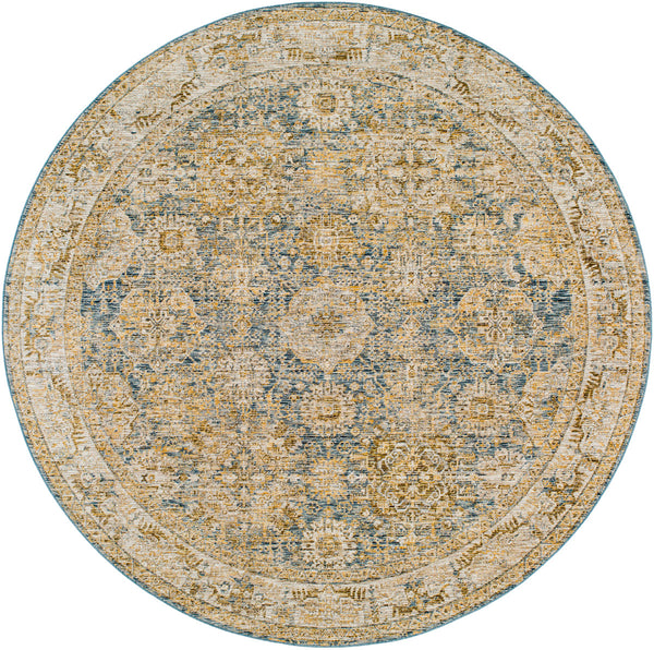 Naila IAL-2307 7'10" x 7'10" Round Machine Woven Rug IAL2307-710RD  Sage, Light Sage, Tan, Dark Blue, Mustard, Olive Surya