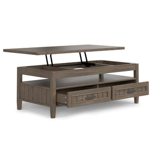 English Elm Lev Lift Top Coffee Table in Smoky Brown Solid Wood with Storage, Drawers & Brushed Bronze Handles B136P158826